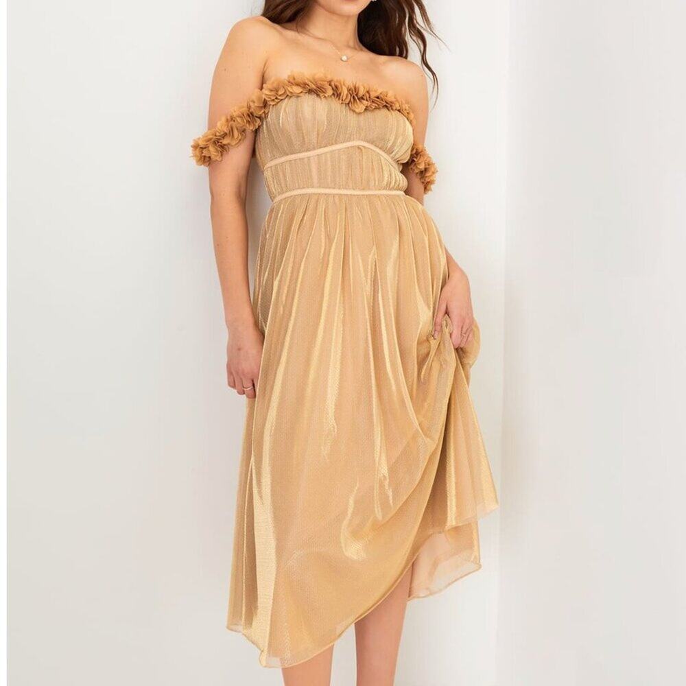 Lulus Amazing Essence Gold Metallic Mesh 3D Floral Midi Dress XS Goddess Toga